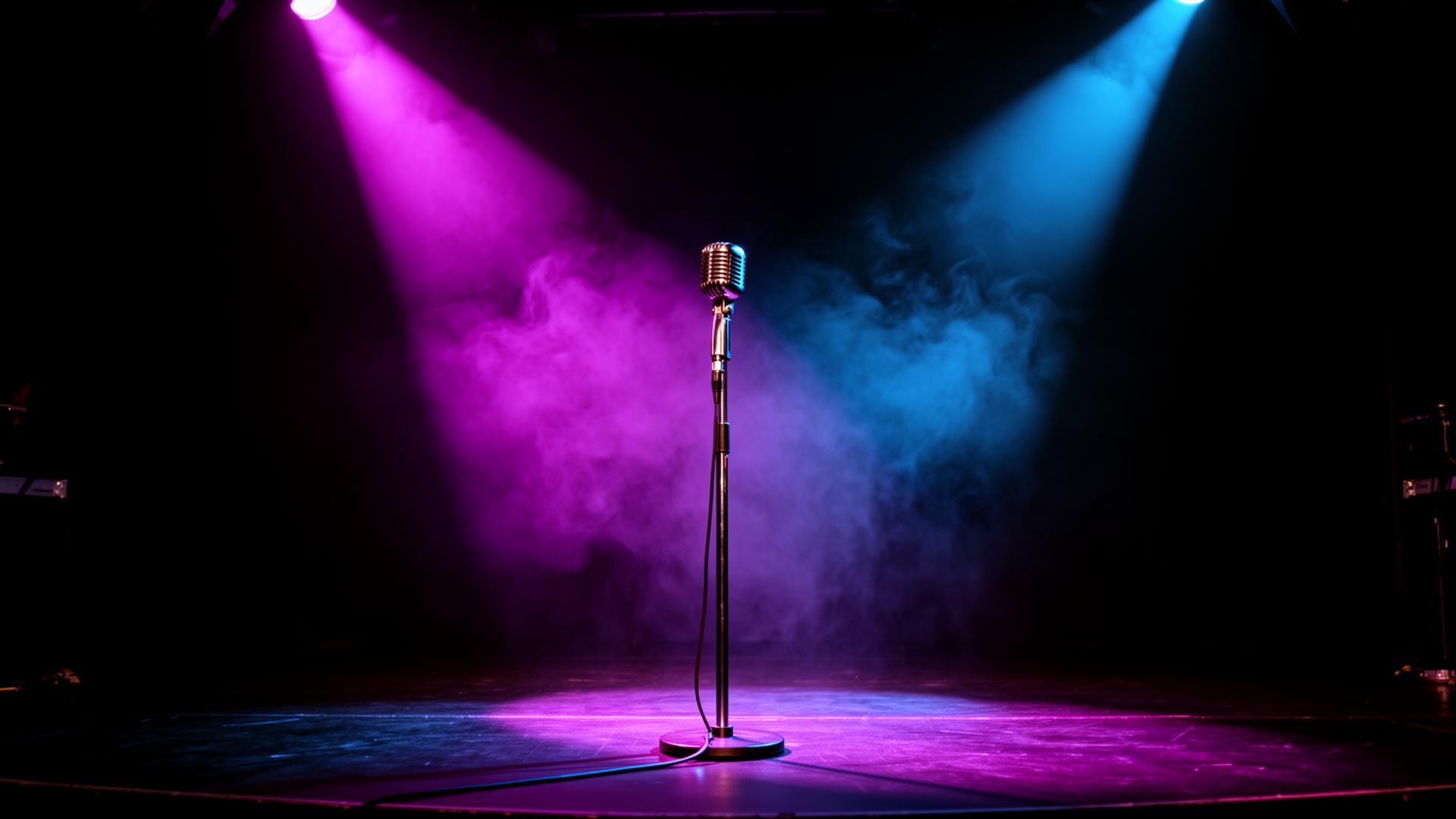 Spotlit microphone on a comedy club stage